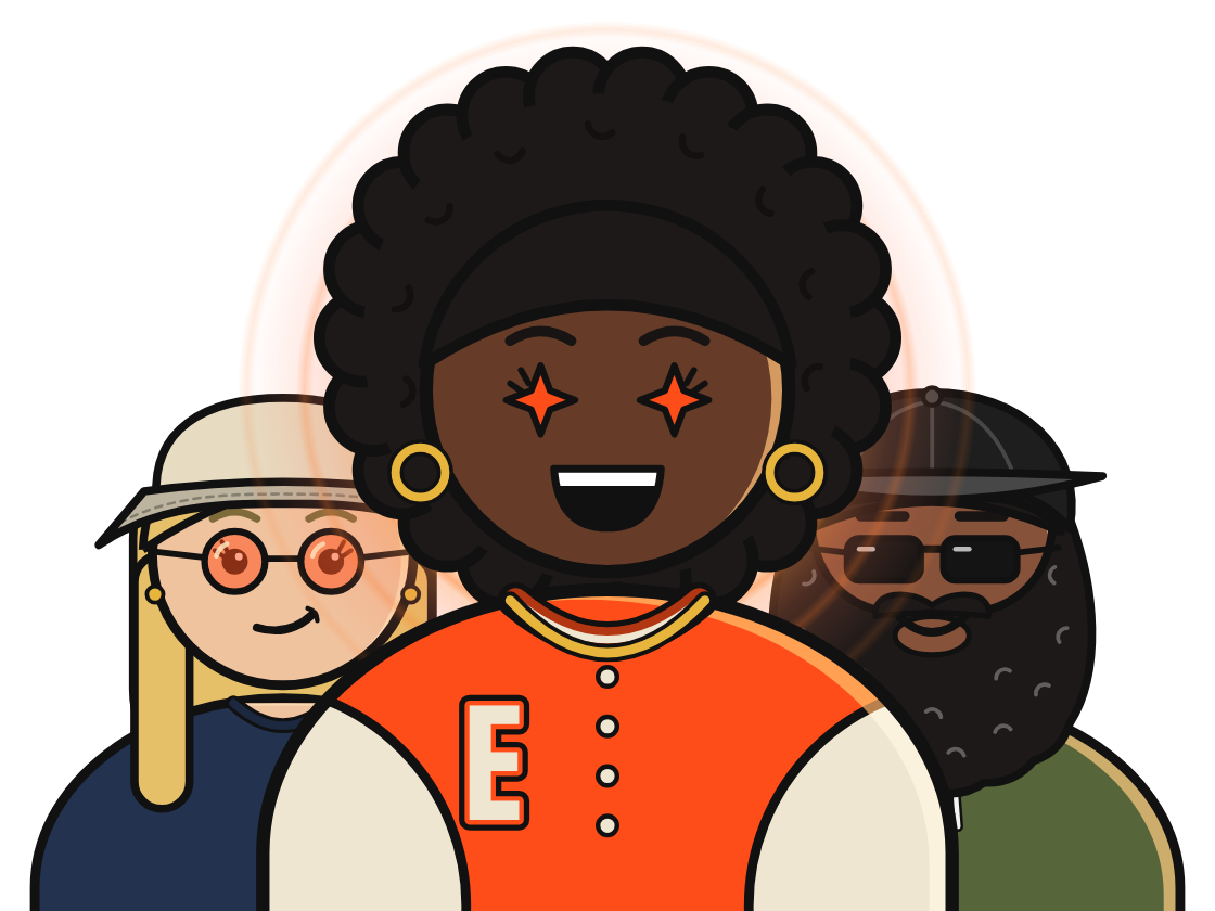 Three characters made in the builder, the one in the middle glowing red-orange